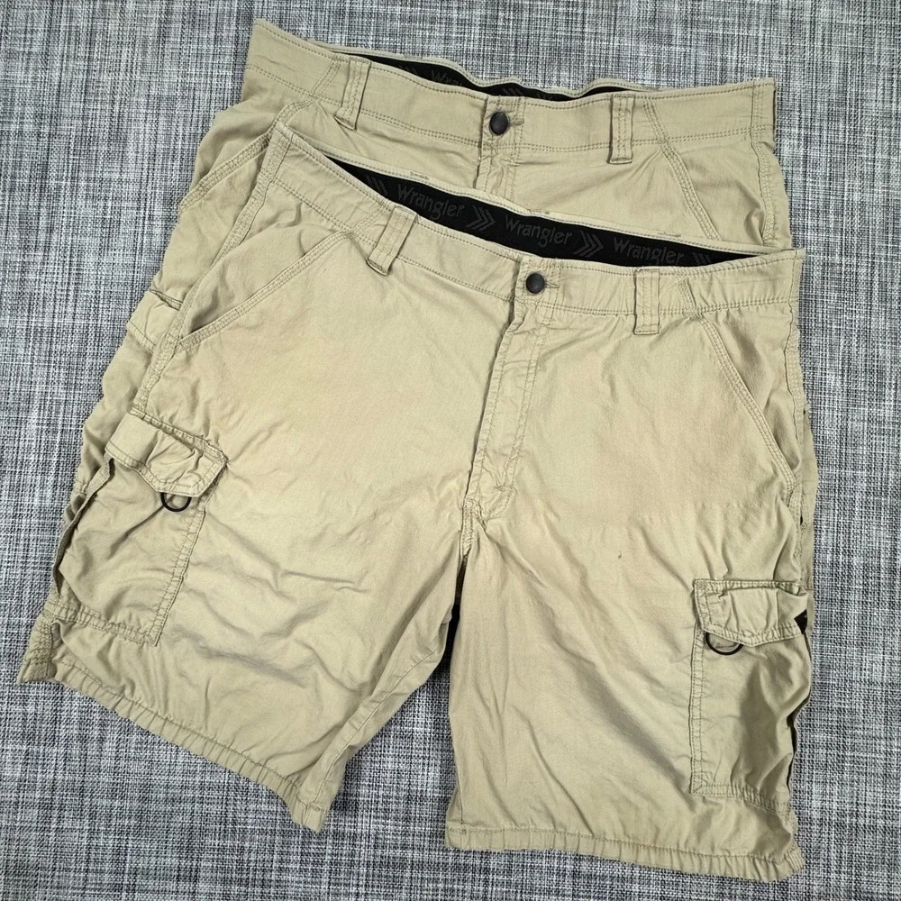 Lot of 2 Wrangler Men's 38 Khaki Cargo Shorts Stretch Outdoor Utility Hiking